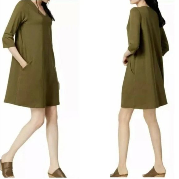 EILEEN FISHER Green Organic cotton Pocketed 3/4 Sleeve V Neck Shift Dress szPM - Picture 2 of 14